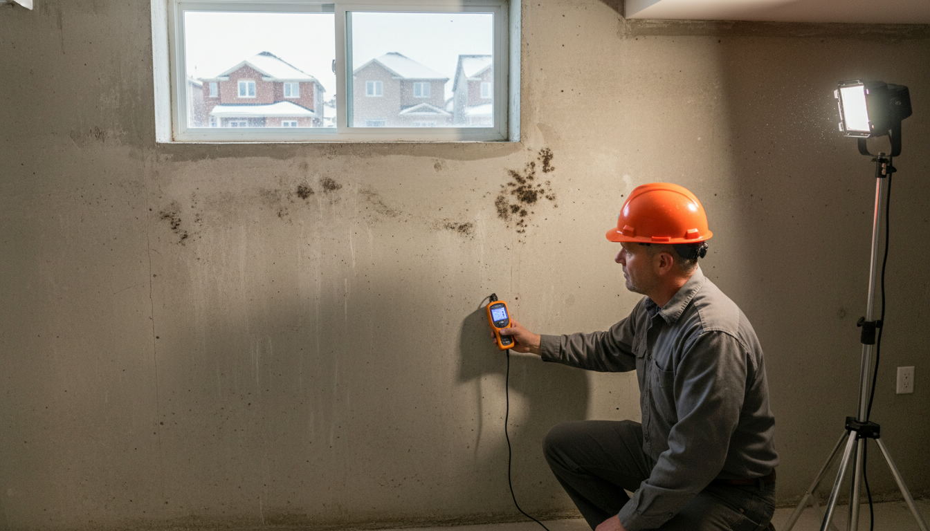Home inspector using moisture meter in a Milton basement with visible mold spots and outside snow-melt visible through window.