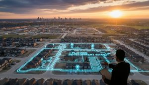 Aerial view of Milton, Ontario with construction cranes, new housing developments, and map markers showing planned development sites.
