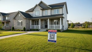 Suburban Milton, Ontario house with a For Sale By Owner sign and QR code, professional real-estate photo