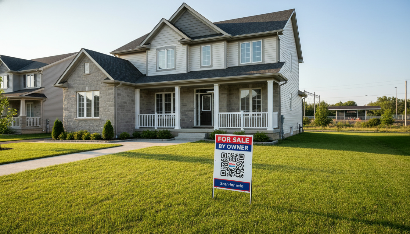 Suburban Milton, Ontario house with a For Sale By Owner sign and QR code, professional real-estate photo