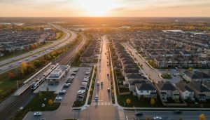 Aerial view of Milton, Ontario neighborhood showing traffic on main roads and a commuter rail station nearby.