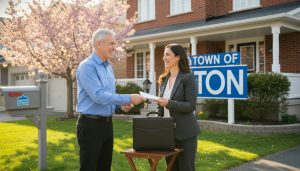Milton home seller handing keys and closing documents to a realtor outside a suburban house in Milton, Ontario