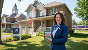 Real estate agent in front of a Milton, Ontario home with GO Transit visible, holding a tablet showing SOLD sign.