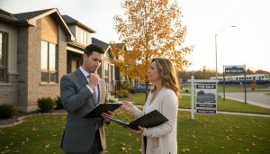Appraiser checking documents at a suburban Milton Ontario house with homeowner and a GO commuter train station visible in the distance.
