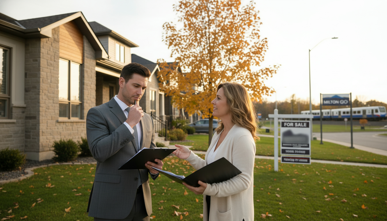 Appraiser checking documents at a suburban Milton Ontario house with homeowner and a GO commuter train station visible in the distance.