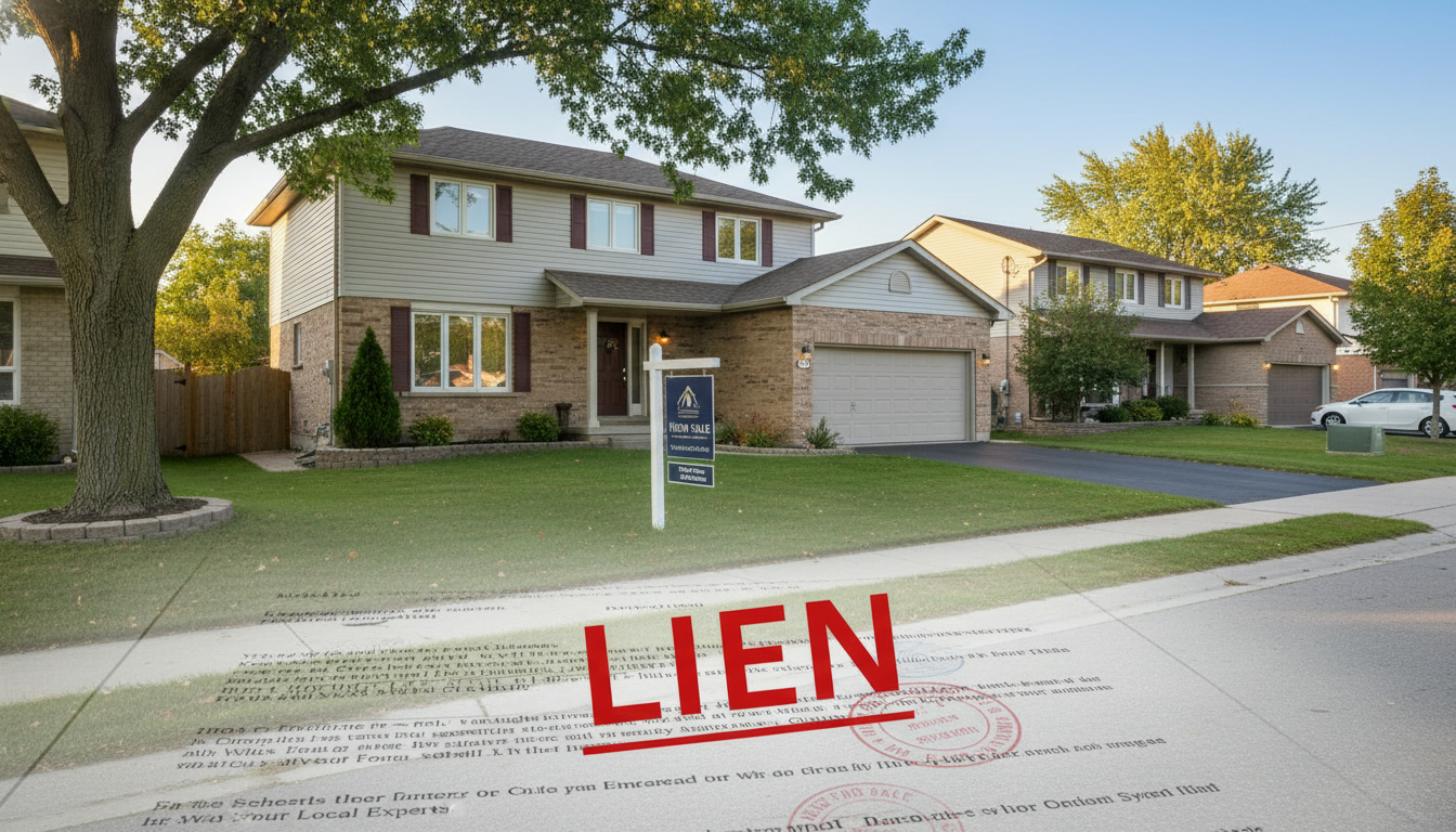 Milton Ontario house with For Sale sign and legal document overlay saying LIEN