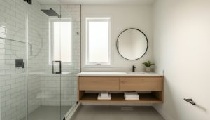 Renovated modern bathroom in Milton home with glass shower door, floating vanity, and bright natural light