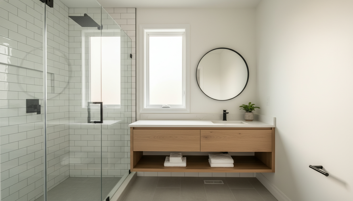 Renovated modern bathroom in Milton home with glass shower door, floating vanity, and bright natural light