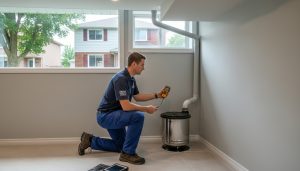 Home inspector using moisture meter on basement foundation wall with sump pump visible in Milton, Ontario home.