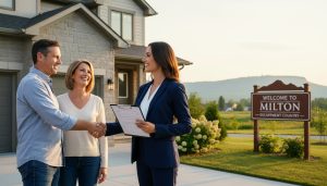 Real estate agent shaking hands with homeowners in front of a Milton, Ontario home with contract clipboard
