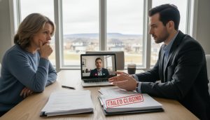 Realtor and seller reviewing failed closing paperwork at a kitchen table with Milton skyline visible through window.