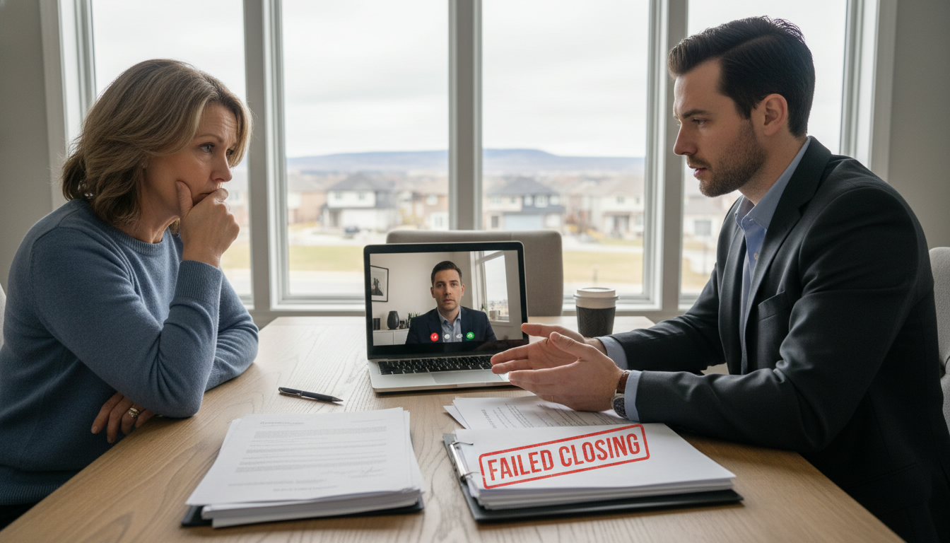 Realtor and seller reviewing failed closing paperwork at a kitchen table with Milton skyline visible through window.
