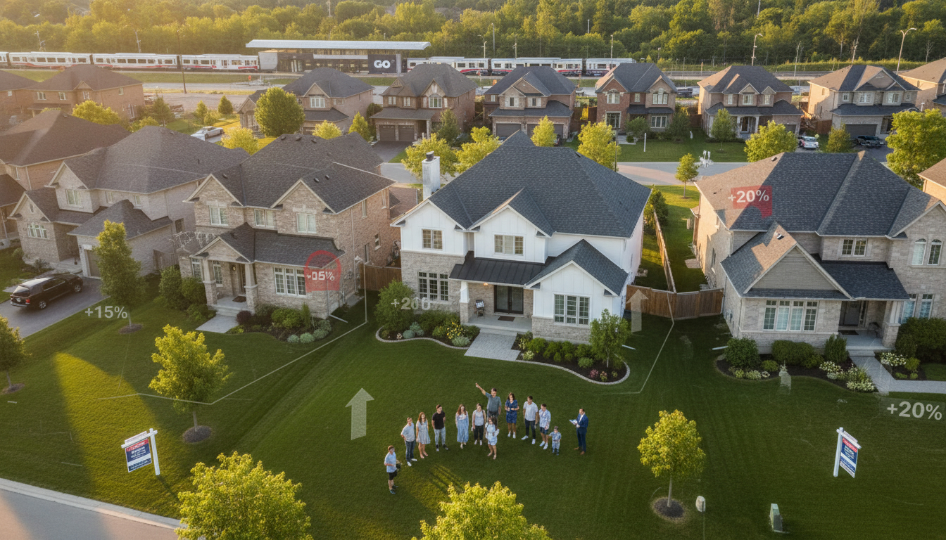 Aerial view of Milton neighbourhood near GO station with limited for-sale signs and buyers viewing a home, indicating high demand and low supply.
