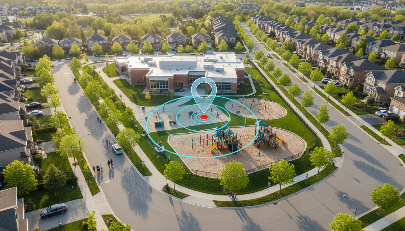 Aerial view of Milton neighborhood with school, playground, and homes highlighted to show school proximity