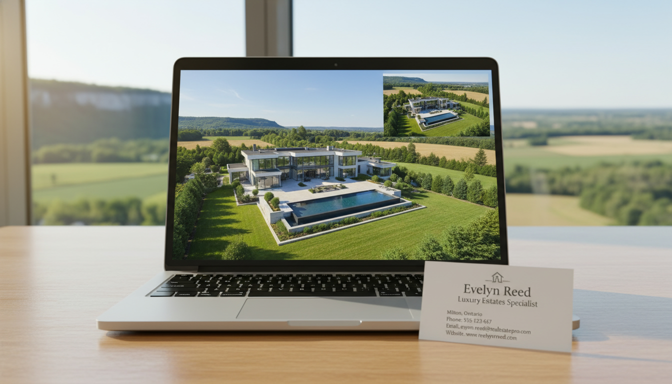 Laptop showing a 3D virtual tour of a luxury rural property with drone aerial view and Milton escarpment in background