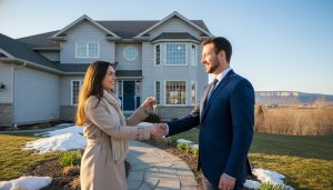 Realtor handing keys to new homeowner outside a Milton, Ontario house with light snow patches