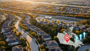 Aerial view of Milton Ontario neighbourhood with overlay showing upward growth and map pin