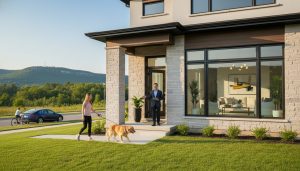 Homeowner walking dog away from staged Milton home while realtor prepares for showing