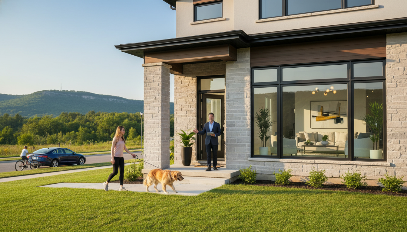 Homeowner walking dog away from staged Milton home while realtor prepares for showing