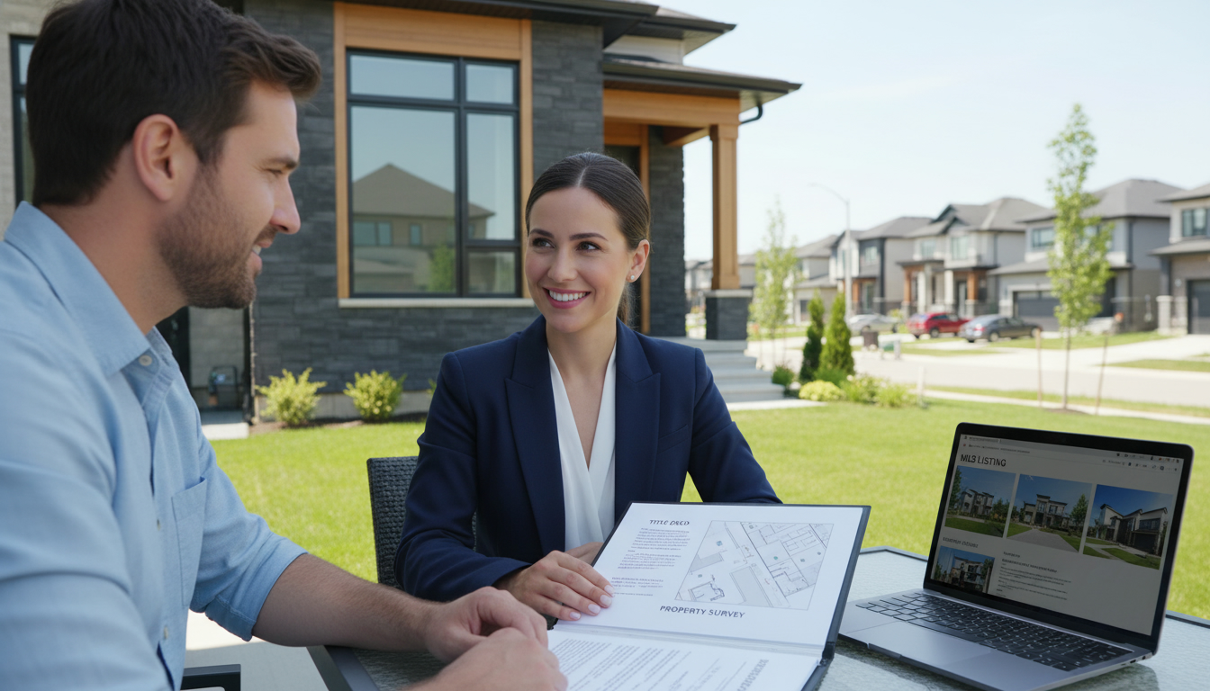 Realtor reviewing sale documents with homeowner in front of a Milton home