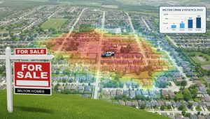Aerial map of Milton, Ontario with crime heatmap, for sale sign and Halton Regional Police car, plus crime stats inset
