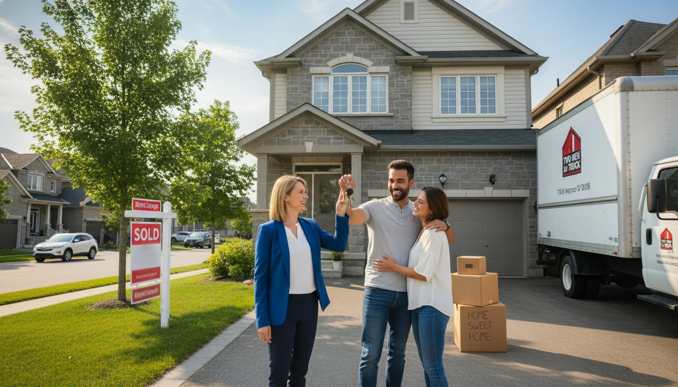 Real estate agent handing keys to buyers beside a 'Sold' sign and moving boxes in a Milton, Ontario home driveway
