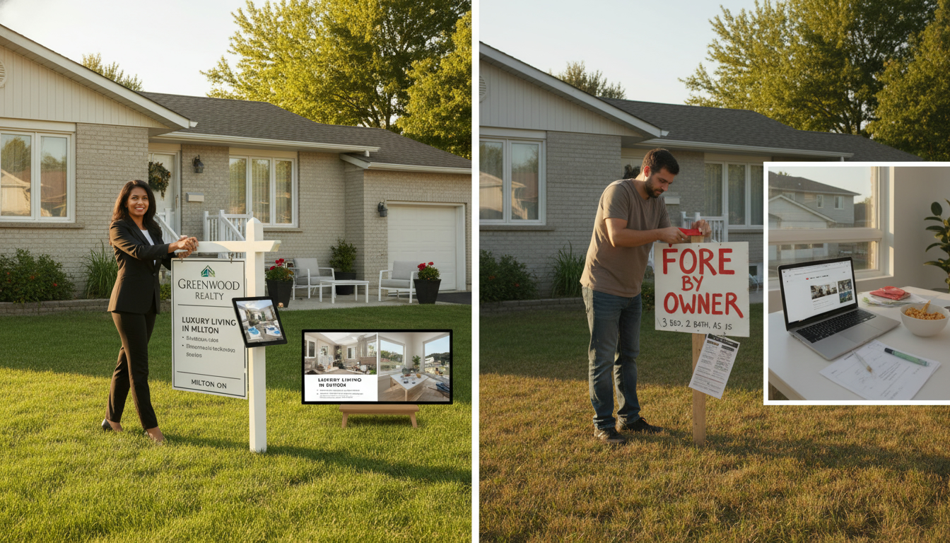 Split image showing realtor-led professional listing vs homeowner FSBO sale at a Milton, Ontario house