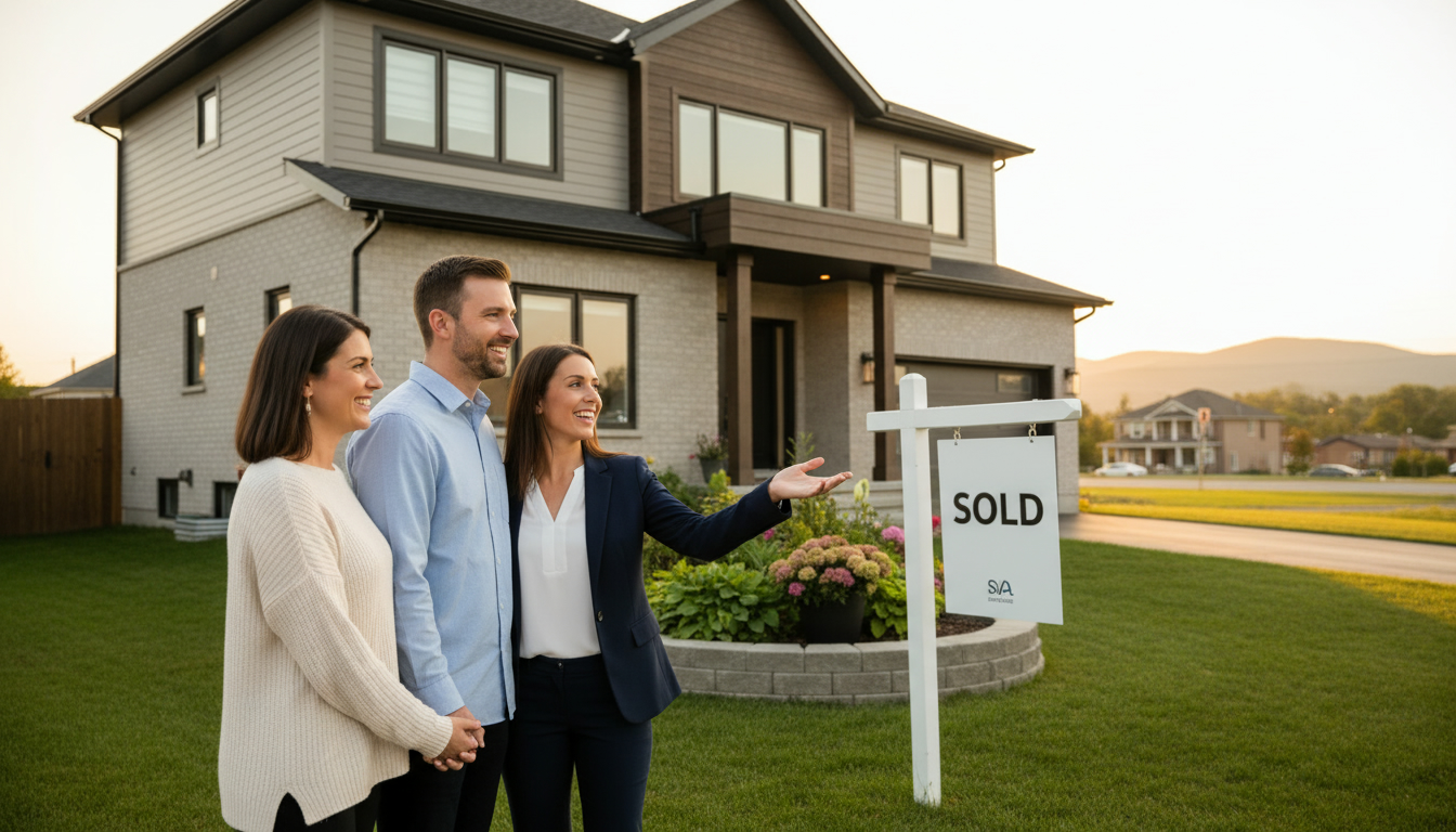 Realtor with smiling couple in front of a Milton home near the Niagara Escarpment with a 'SOLD' sign.