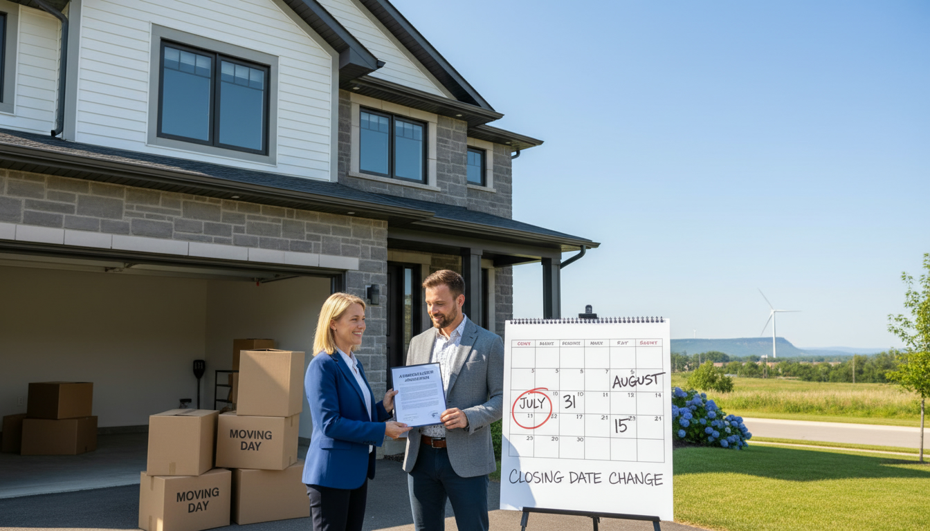 Milton house with moving boxes and a calendar showing a changed closing date, real estate agent handing signed amendment