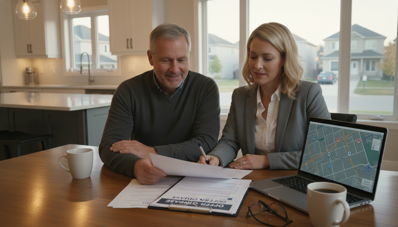 Milton home seller reviewing a conditional offer with a realtor at a kitchen table, papers and laptop visible.