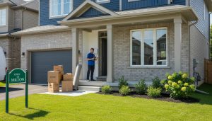 Suburban Milton home with moving boxes and technician installing internet modem