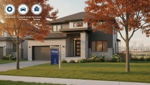 Modern Milton Ontario house with For Sale sign and commute/school icons indicating virtual tour and 35 min commute to Toronto