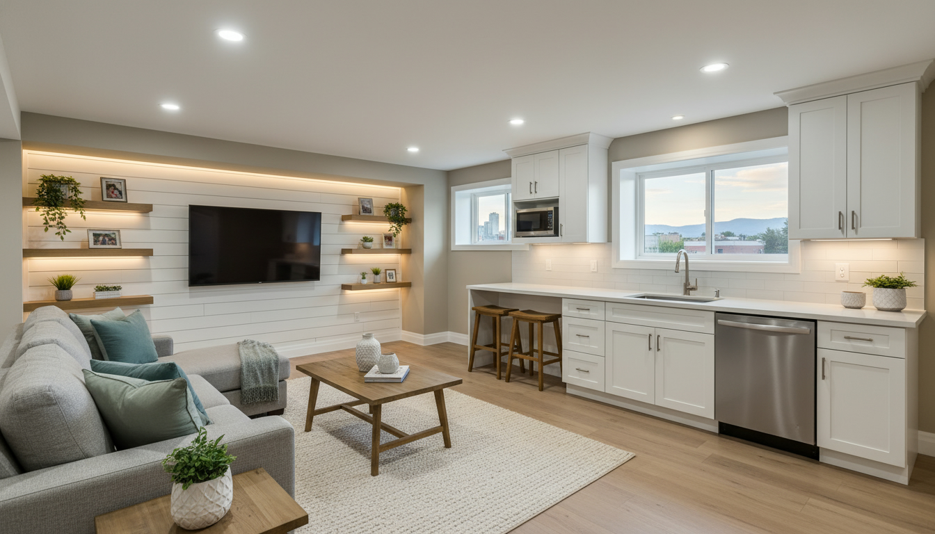 Finished basement in a Milton, Ontario home with cozy living area and kitchenette, staged for sale.