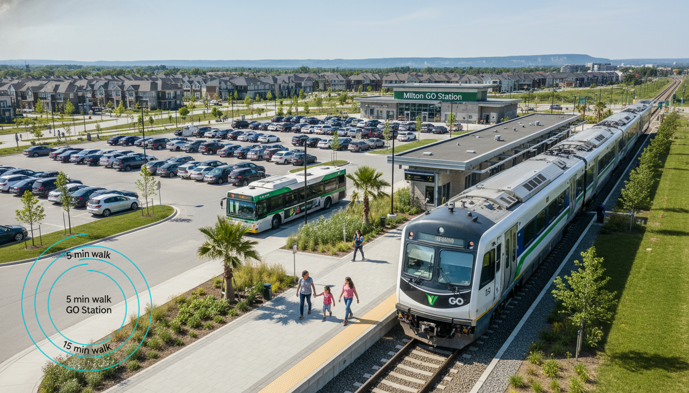 Milton GO Station with train, park-and-ride cars, local bus, and walking commuters illustrating public transit access in Milton, Ontario