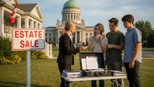 Realtor advising family outside Milton Ontario home with estate sale sign and legal documents on table