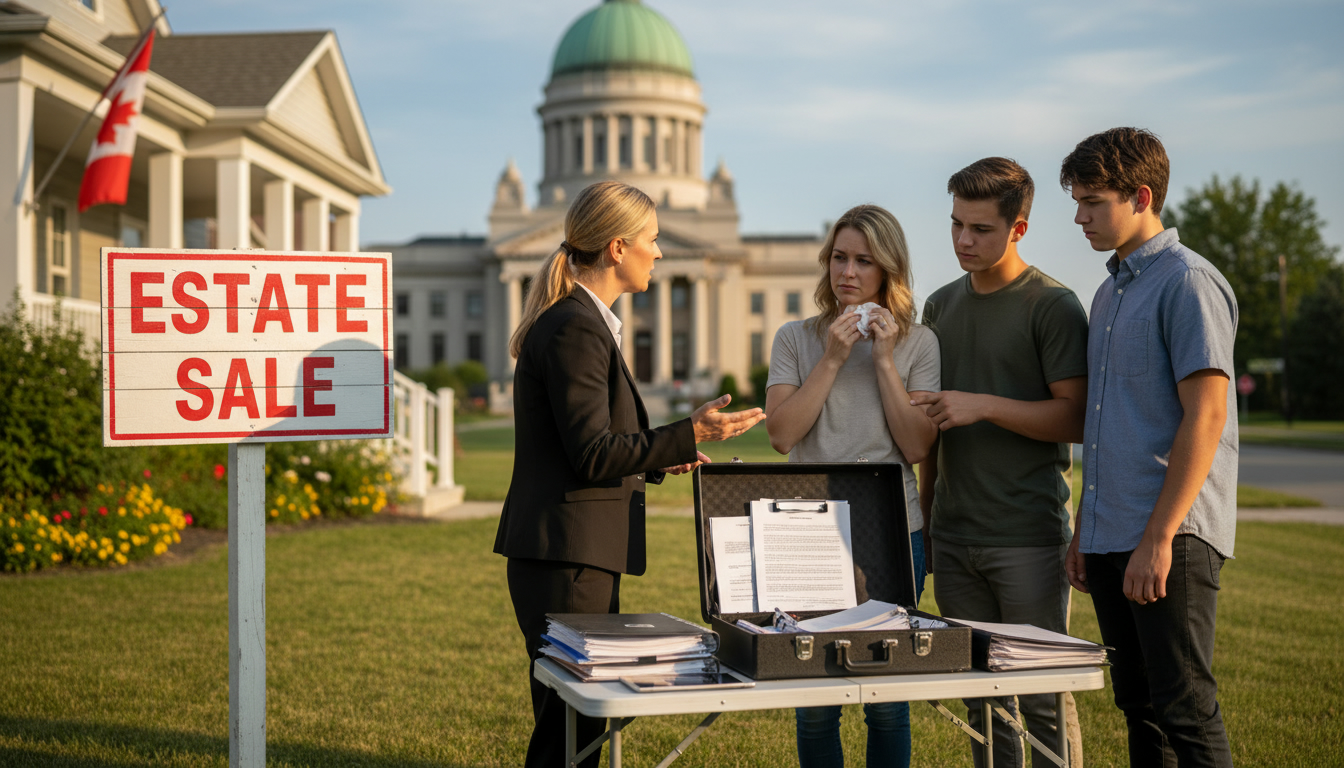 Realtor advising family outside Milton Ontario home with estate sale sign and legal documents on table
