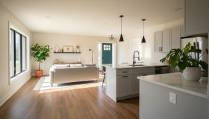 Modern, affordable staged interior of a Milton, Ontario home with neutral paint, vinyl plank floors, updated kitchen, and natural light.