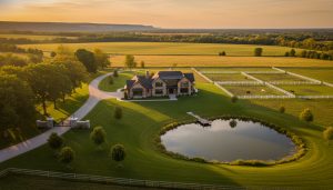 Aerial golden-hour view of a luxury rural farmhouse near Milton, Ontario with pond, paddocks, and tree-lined driveway.