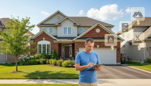 Detached home in Milton, ON with homeowner calculating maintenance costs and icons for roof, furnace, landscaping