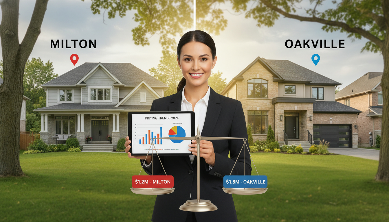 Comparison of two suburban homes labeled Milton and Oakville with an agent and pricing charts.
