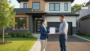 Real estate agent handing homeowner an inspection report in front of a Milton, Ontario home
