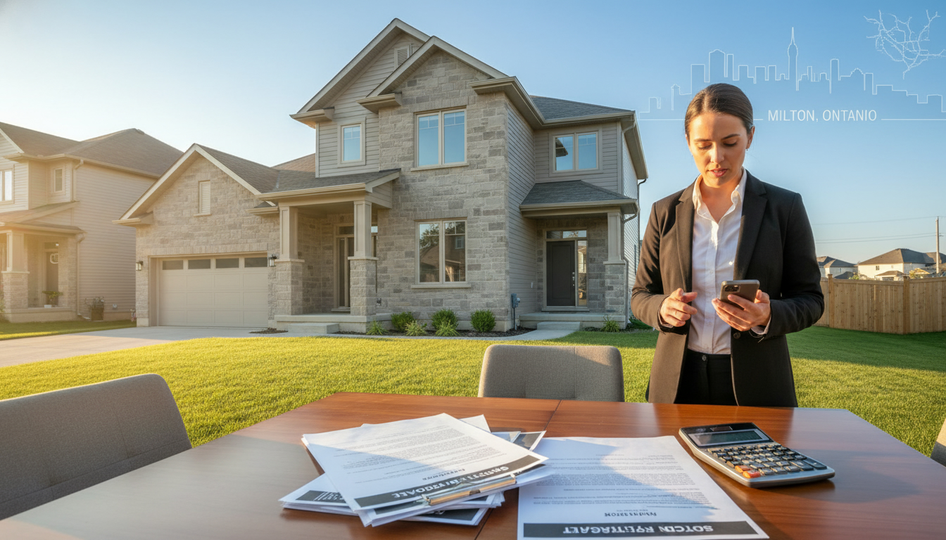 Milton Ontario home sale documents on a table showing second mortgage payoff and realtor on phone