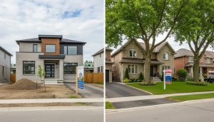 Split image of modern new build and mature resale home in Milton, Ontario with GO train in background