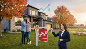 Milton home sold sign with realtor handing keys to buyers, upward arrow graphic indicating higher sale price