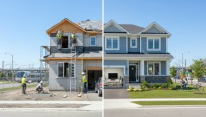 Split-screen photo showing structural repairs (roofers, foundation inspection) and cosmetic updates (fresh paint, staging) on a Milton, Ontario home