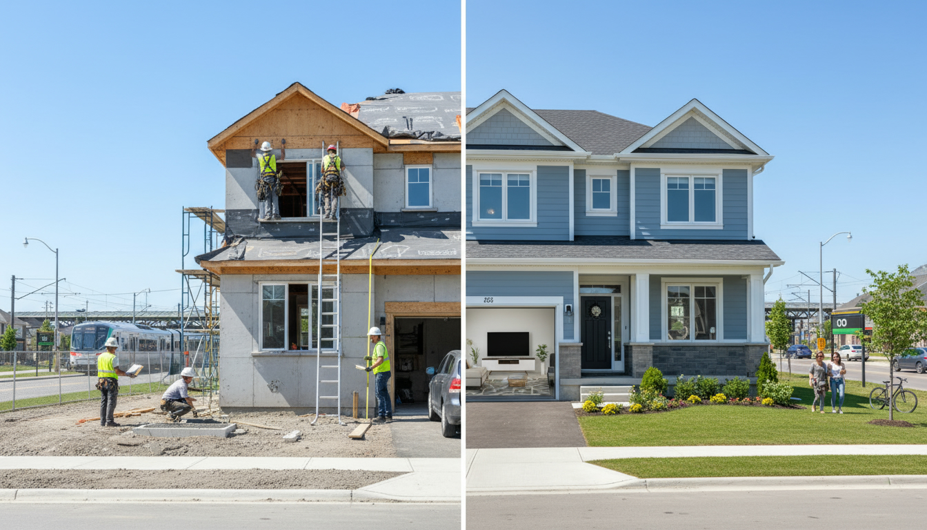 Split-screen photo showing structural repairs (roofers, foundation inspection) and cosmetic updates (fresh paint, staging) on a Milton, Ontario home
