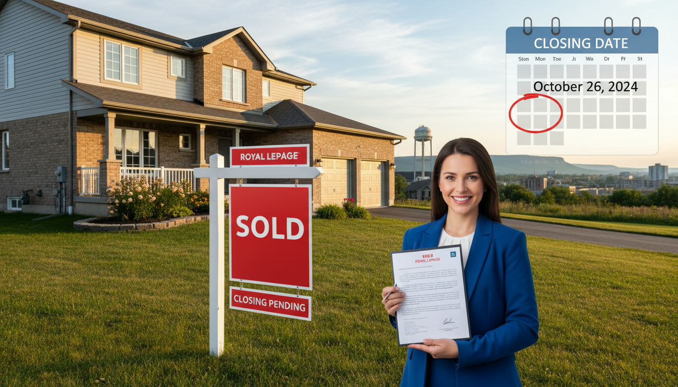 Milton Ontario house with SOLD sign, realtor holding closing documents and a calendar showing a circled closing date.