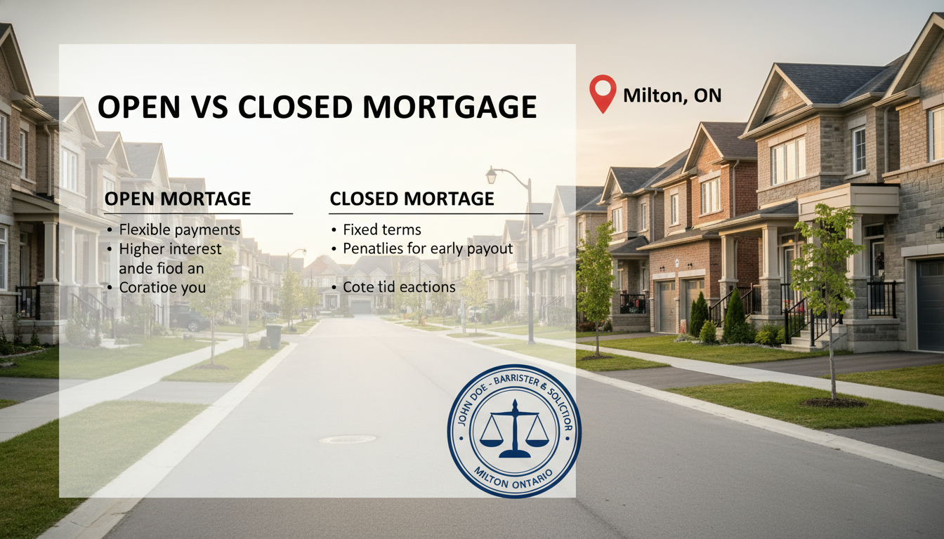 Milton neighbourhood with mortgage document overlay titled 'Open vs Closed Mortgage' and lawyer's stamp, map pin Milton ON