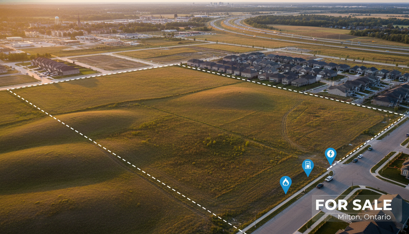 Aerial view of vacant land near Milton, Ontario with survey overlay and utilities markers