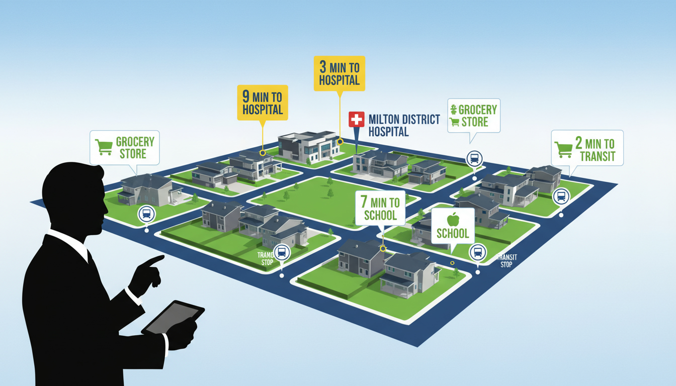 Aerial map of a Milton neighbourhood with icons for hospital and grocery stores and minute-based drive time callouts